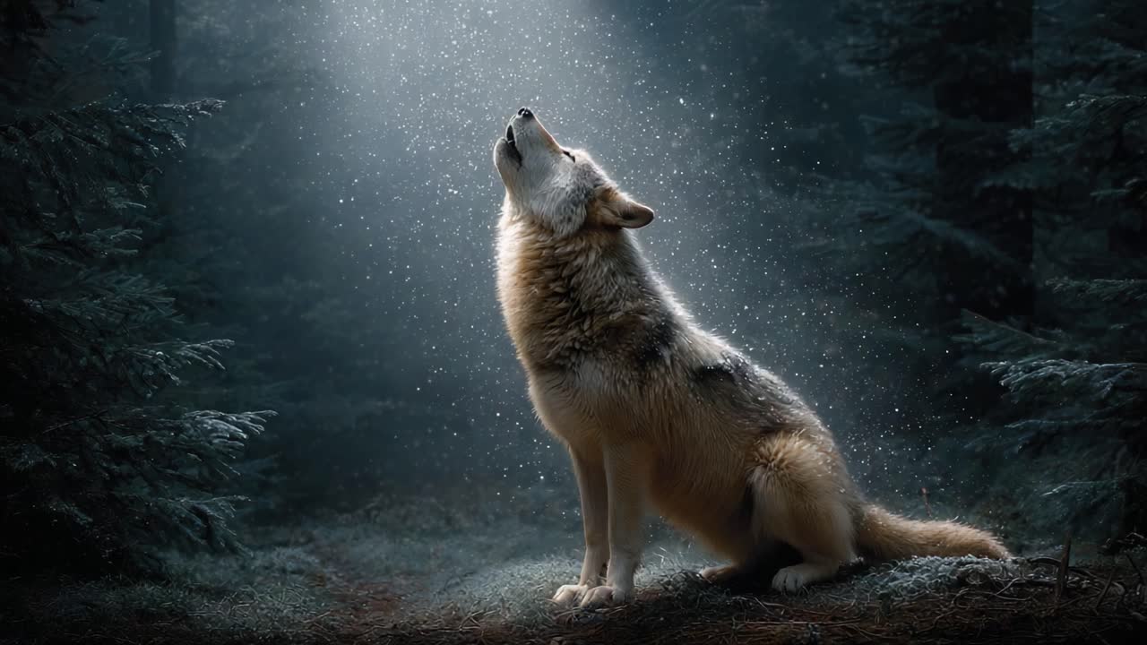 Majestic Wolf Howling in a Mystical Forest Under a Beautiful Light, Capturing the Essence of Wilderness and the Beauty of Nature in a Serene Environment