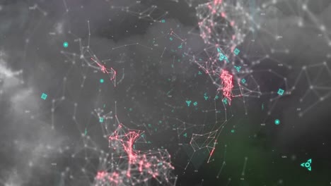 animation of neon barcode scanner and network of connections against dark clouds