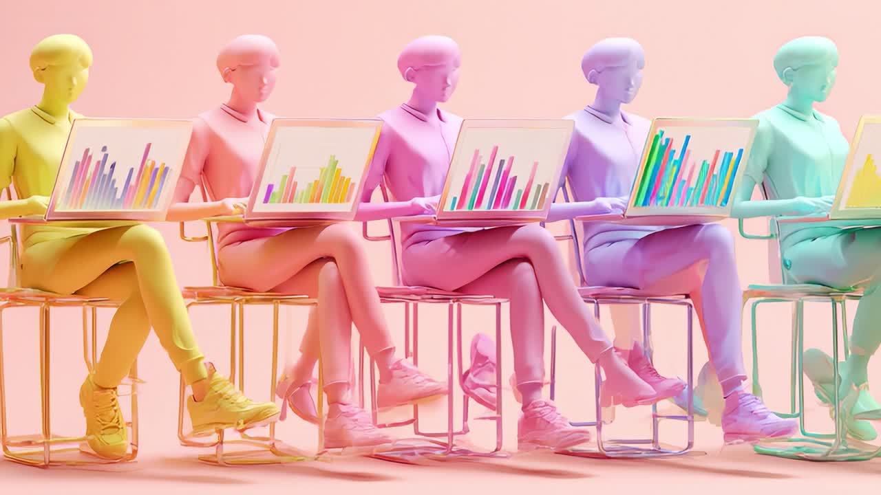 A Vibrantly Colored Set of Stylized Figurines Engaged in Data Analysis with Laptops, Visually Representing Dynamic Trends and Insights Through Graphical Displays
