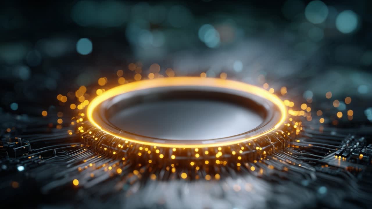 Una rappresentazione digitale futuristica che presenta un'interfaccia circolare luminosa circondata da particelle radiose, mettendo in risalto l'estetica high-tech e l'innovazione.