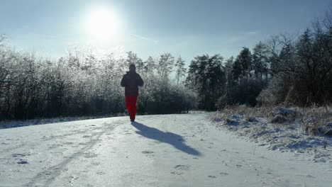 a man is jogging on a snowy and ice covered forest path during a beautiful sunny and cold winter afternoon towards the camera