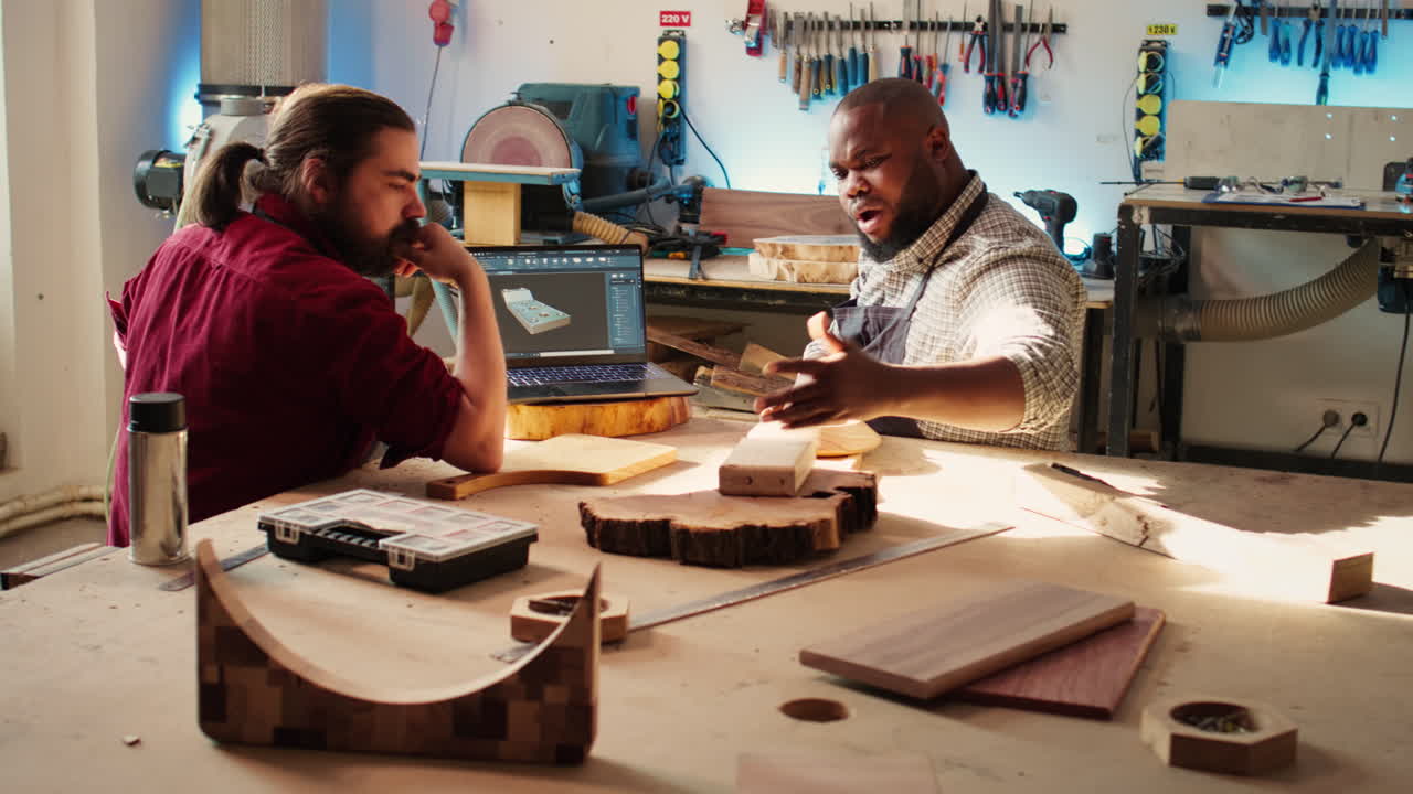 Woodworkers designing custom 3D furniture on notebook in studio