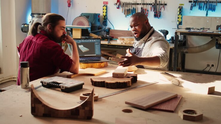 Woodworkers designing custom 3D furniture on notebook in studio