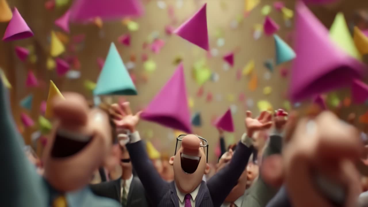 A jubilant celebration unfolds as animated figures joyfully toss colorful geometric shapes into the air, creating a vibrant and lively atmosphere filled with excitement and cheer