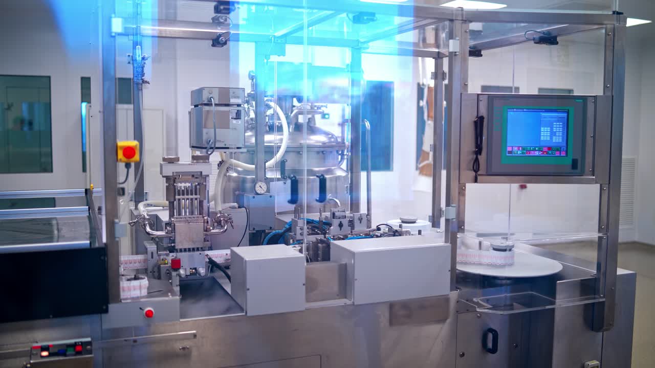 Pills production. Modern automated equipment inside the pharmaceutical plant. Pharmacy industry.