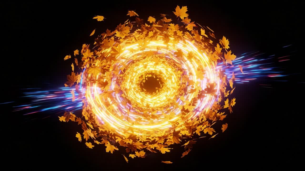 A mesmerizing swirl of autumn leaves illuminated by radiant light, creating a dynamic and vibrant energy flow that captivates the viewer's imagination and evokes a sense of wonder