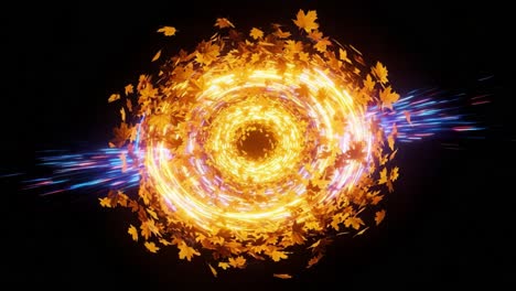 A mesmerizing swirl of autumn leaves illuminated by radiant light, creating a dynamic and vibrant energy flow that captivates the viewer&#039;s imagination and evokes a sense of wonder
