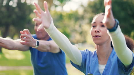 Woman-nurse,-tai-chi-and-outdoor-with-senior-man