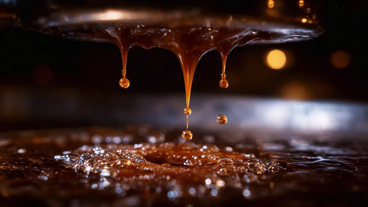 Accattivante primo piano di denso sciroppo che cola e forma goccioline su una superficie lucida in un ambiente caldo e scarsamente illuminato, creando un'esperienza visiva affascinante