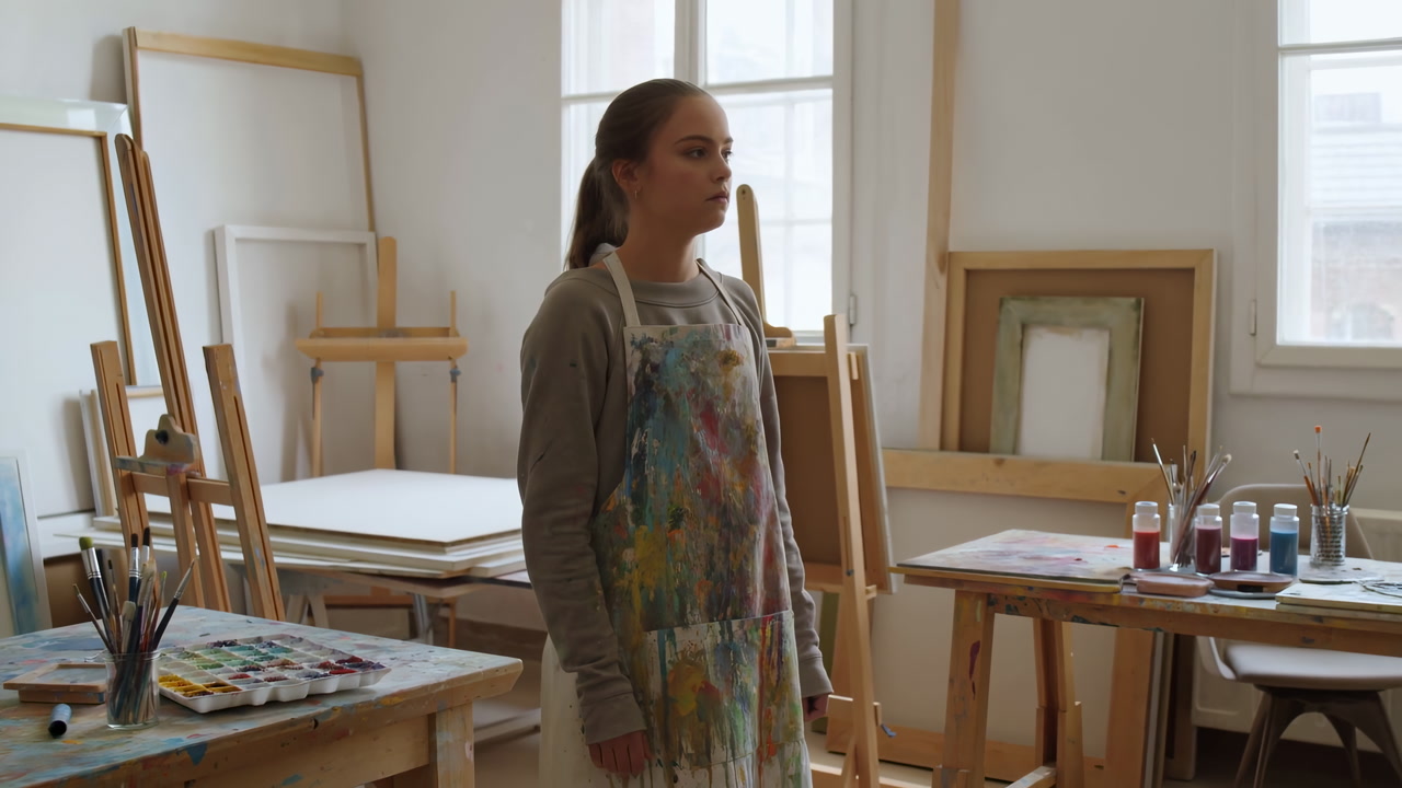 Young Woman Artist In Sunlit Studio Standing Beside Easel And Cluttered Worktable With Brushes, Palette, Jars