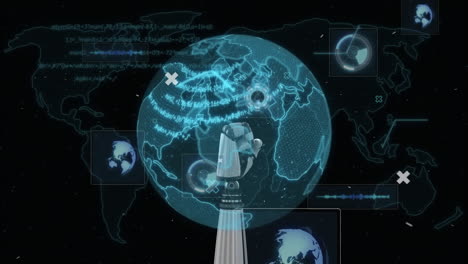 animación del globo giratorio con procesamiento de datos y mapa del mundo
