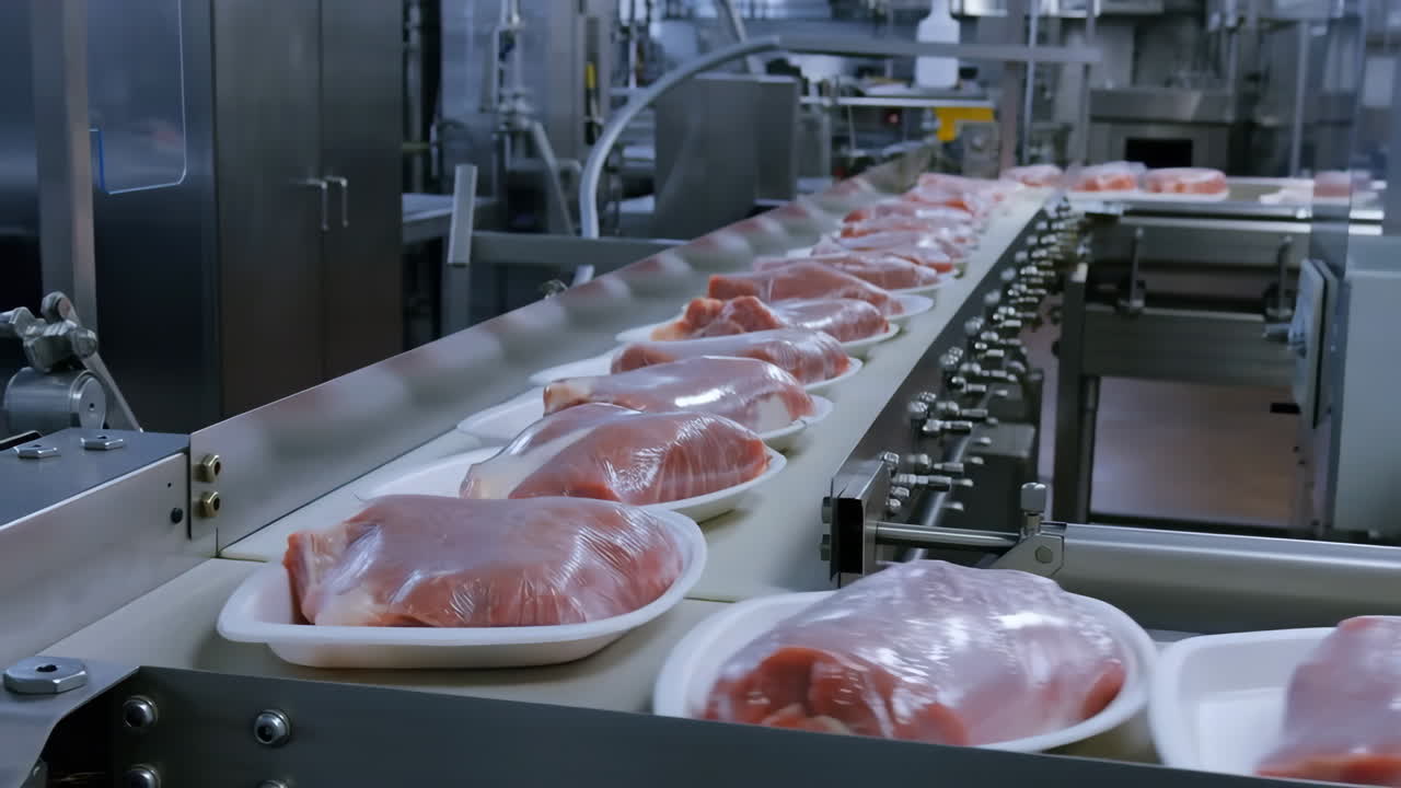 Raw Meat Packages Moving on a Conveyor Belt in a Food Processing Plant