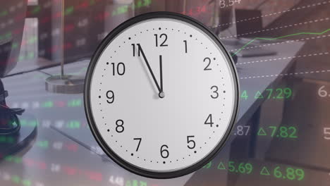 clock showing 11:55 with stock market data animation in background