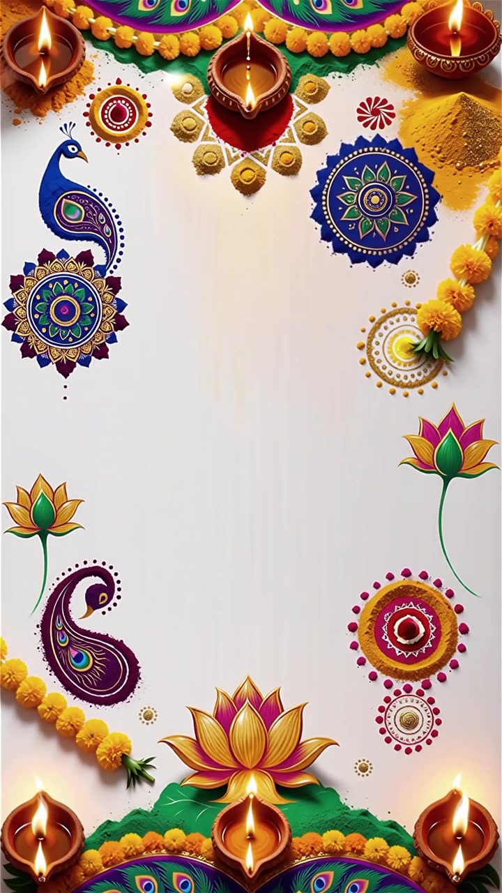 Sfondo Diwali con Diyas luminosi, Rangoli e fiori di loto