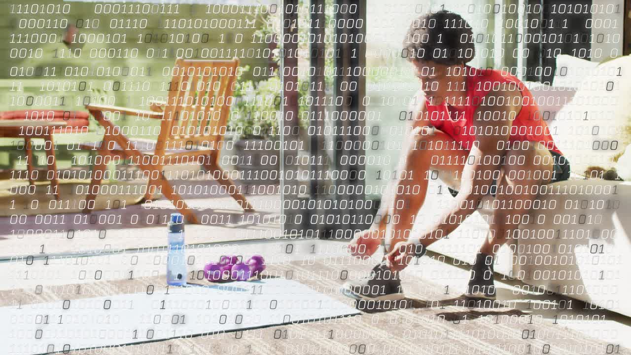 Man tightening sneaker laces while checking fitness watch, binary overlay growing over workout mat