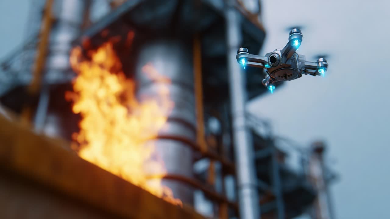A high-tech drone equipped with vibrant blue lights hovers near an industrial facility, capturing vivid imagery of a controlled fire at a refinery, set against a dramatic smoky sky, showcasing modern surveillance technology