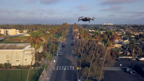 esta é uma filmagem de um drone de outro drone a voar acima de palmeiras em huntington beach, califórnia.