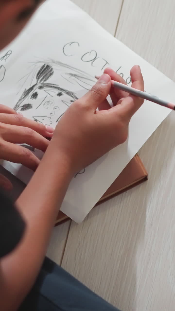 rear view of youngster sketching cat on white paper using pencil while seated on wooden floor focused on drawing playful cat with text details showing early creativity and artistic expression