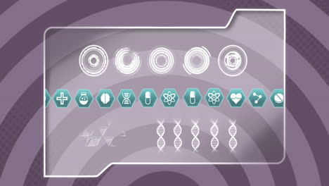 animation of multiple medical icons over folder icon against purple radial background