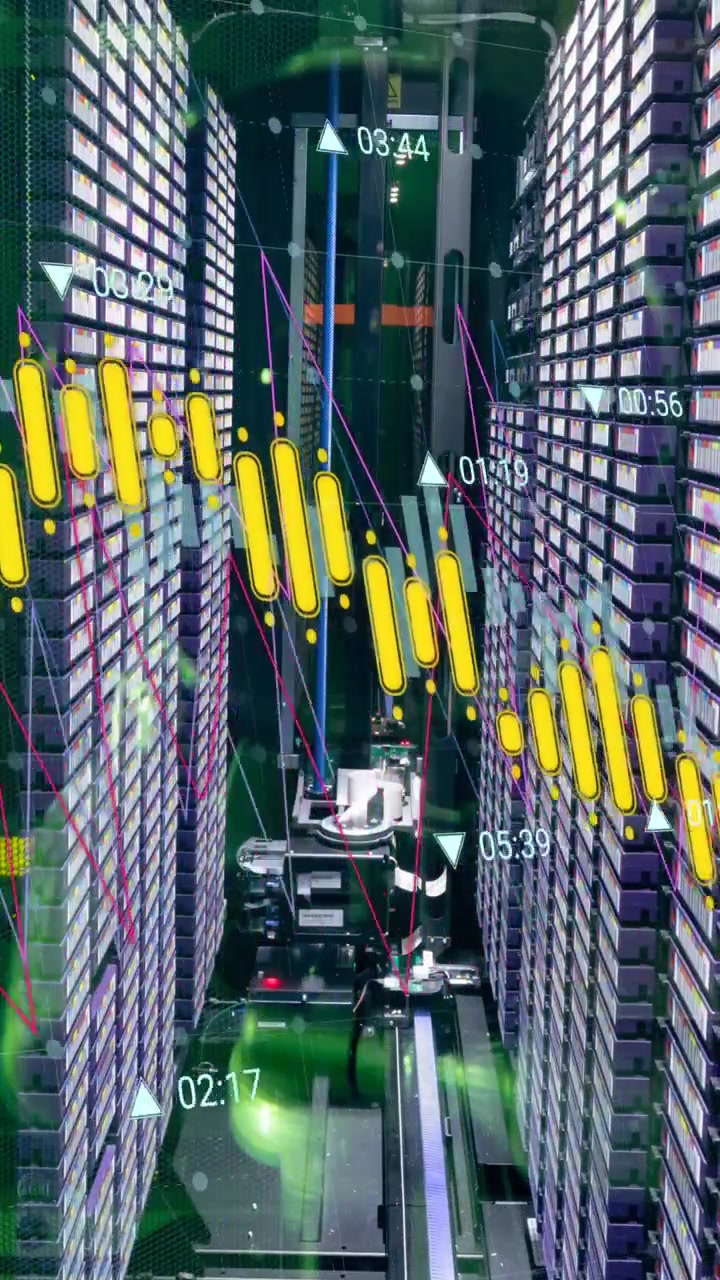 Animazione dell'elaborazione dati su sfondo di una sala server di computer.