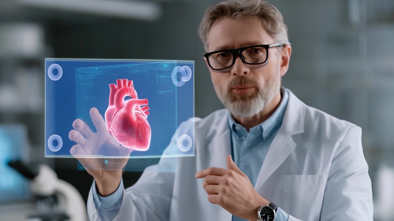 En videnskabsmand undersøger en holografisk hjertemodel: Innovativ forskning inden for kardiologi og avancerede medicinske teknologivisualiseringer