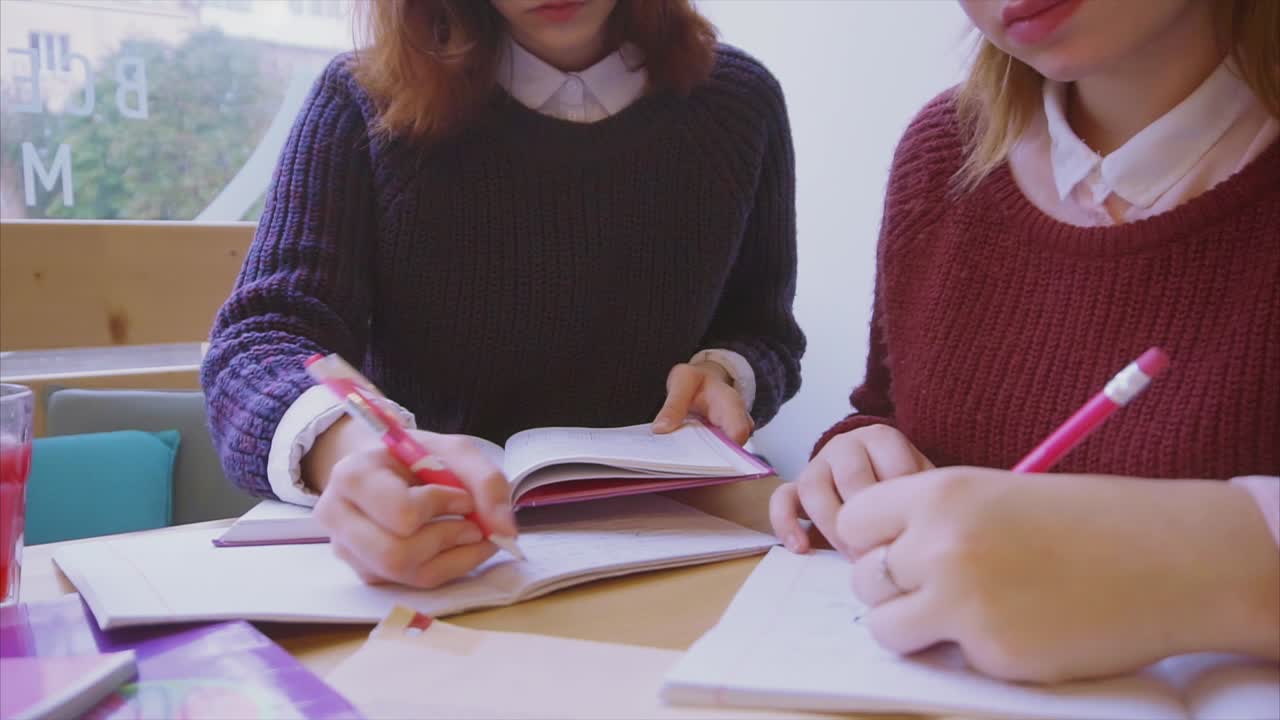 Two Girls Studying in a Cafe