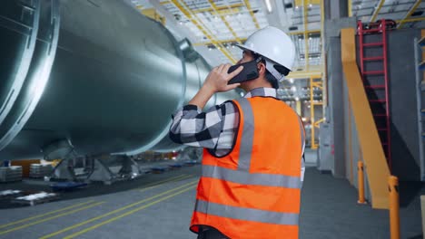 vista trasera de un ingeniero masculino asiático con casco de seguridad hablando en su teléfono inteligente mientras está de pie en una fábrica de fabricación de tuberías