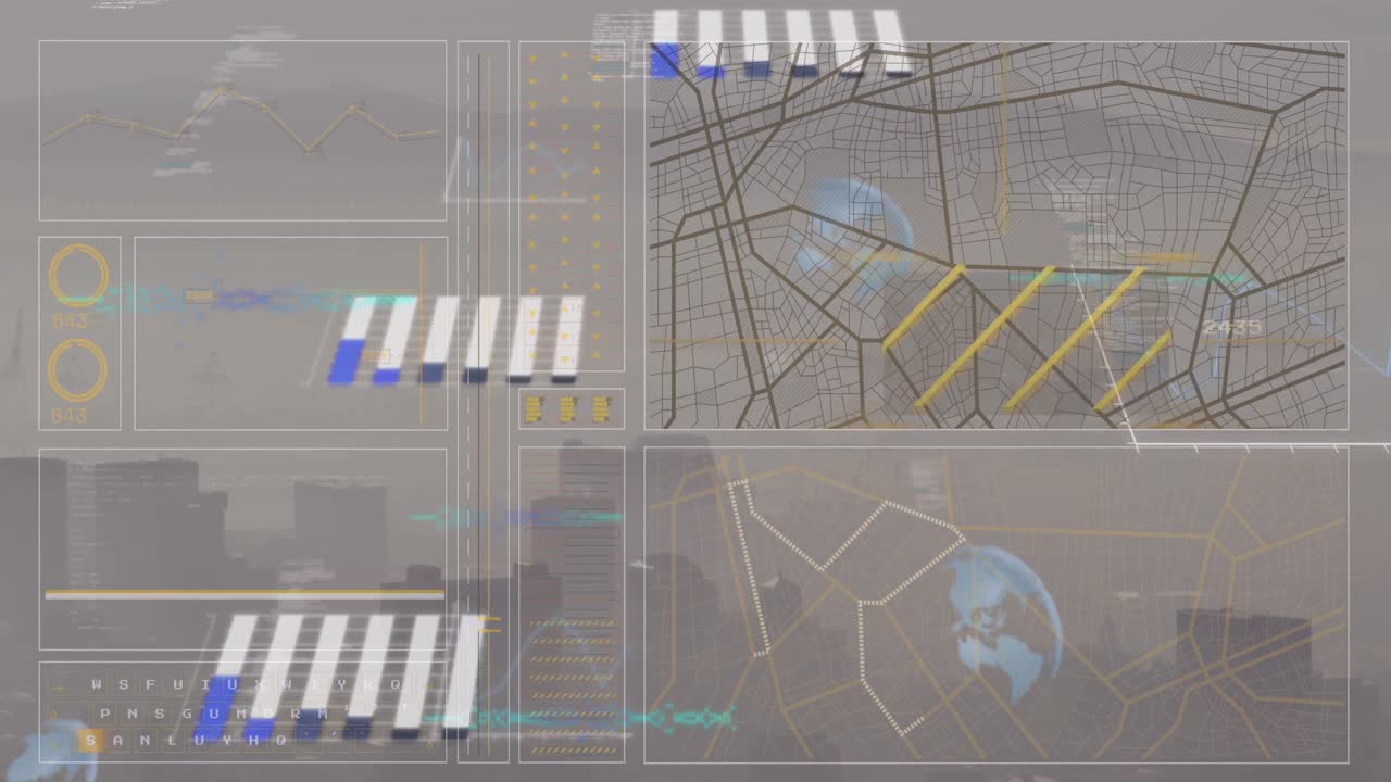 animación de la interfaz con el procesamiento de datos frente a una vista aérea del paisaje urbano