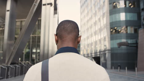 vista trasera hombre de negocios afroamericano caminando por la ciudad