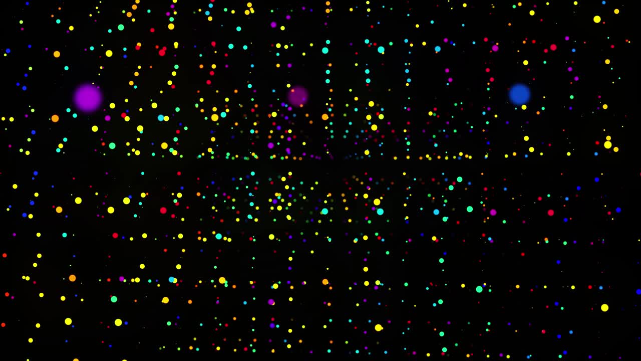 abstract 3d loop background with glowing particles lined up in a row in 3d space. Festive vj loop with multicolored particles and smooth animated camera. Motion design background.