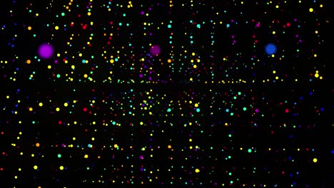 fondo de bucle 3d abstracto con partículas brillantes alineadas en una fila en el espacio 3d. bucle vj festivo con partículas multicolores y cámara animada suave. fondo de diseño de movimiento.