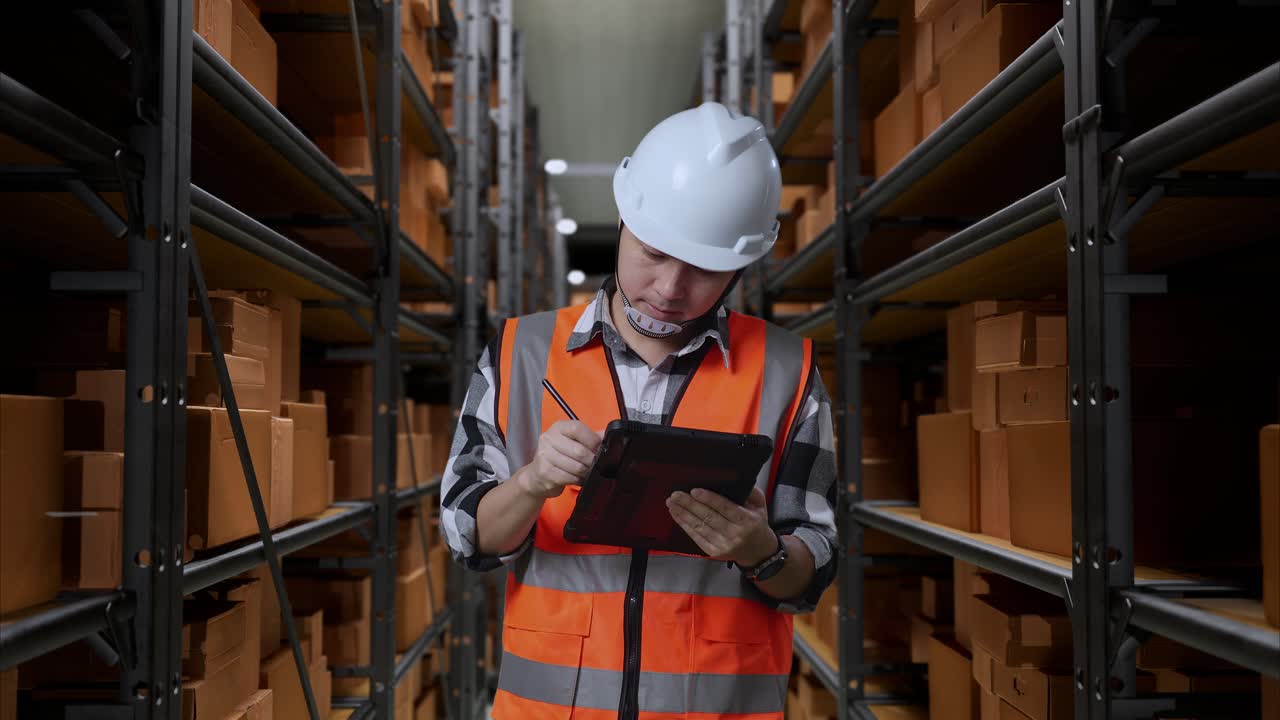 ingeniero masculino asiático con casco de seguridad de pie en el almacén con estantes llenos de bienes de entrega. tomando nota en la tableta y mirando a su alrededor en el almacenamiento