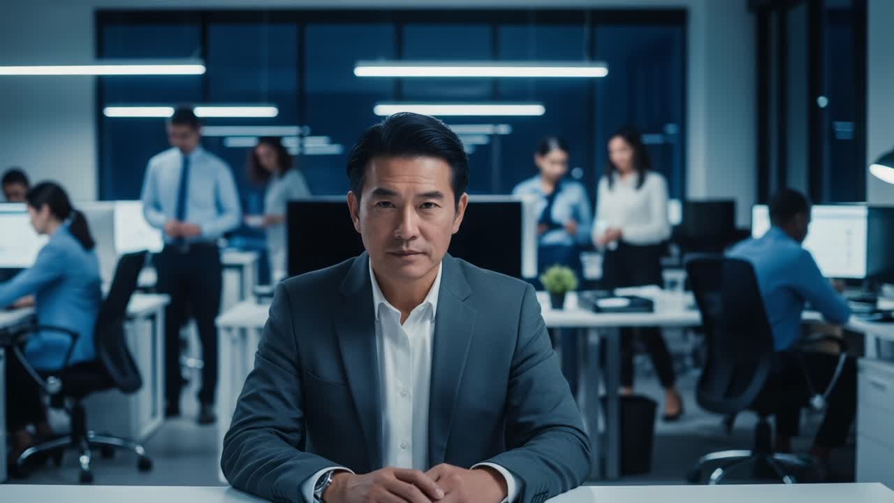 A Confident Business Leader in a Modern Office Setting Deep in Thought, Surrounded by Colleagues Collaborating and Engaging in Professional Activities