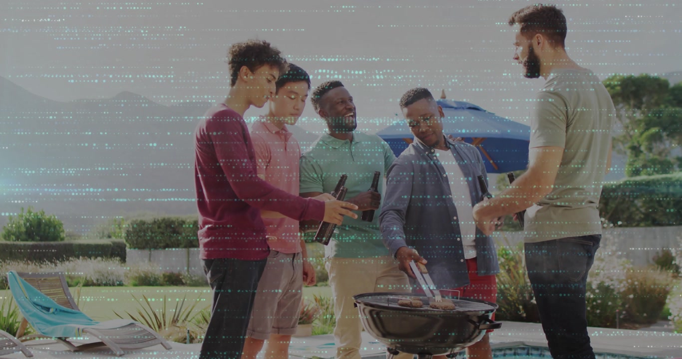 Friends gesturing toward grill and sparking man turning burgers with animated flames for marketing