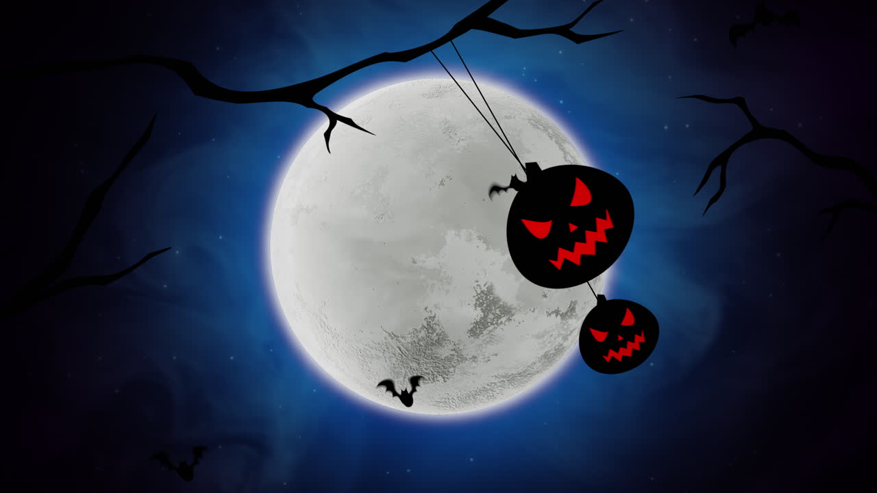 animación de fondo de halloween con murciélagos y calabazas en los árboles 3