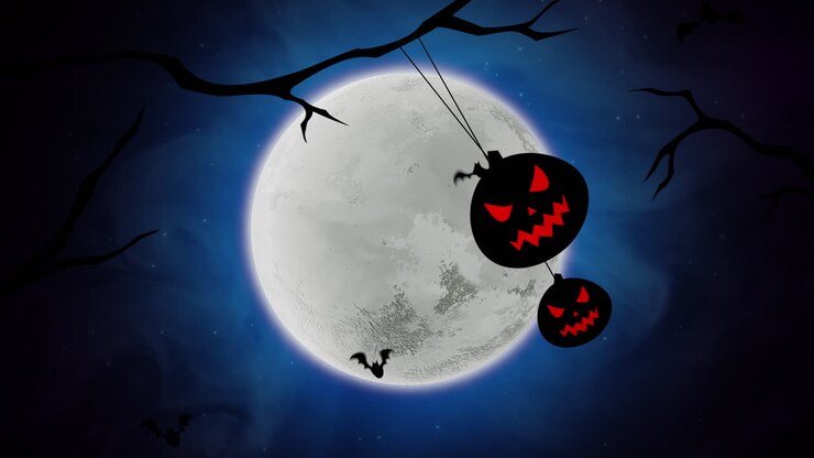 Halloween achtergrondanimatie met vleermuizen en pompoenen in bomen 3