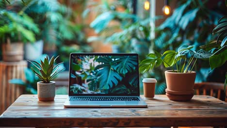 laptop with plants on wooden desk
