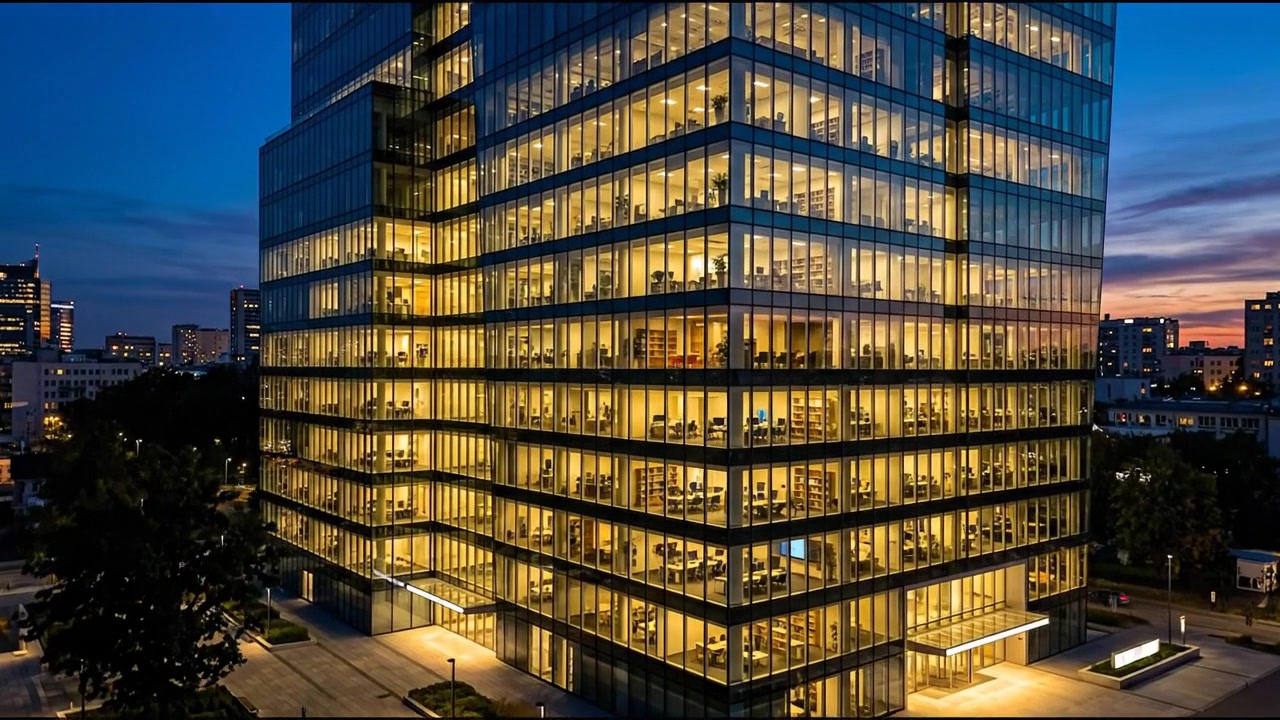 Exterior de edifício de escritórios de vidro iluminado capturado durante a hora azul em um ambiente corporativo moderno