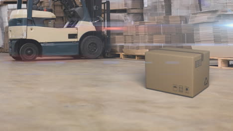 animación de una caja de cartón cayendo en un piso con un montacargas y estantes apilados