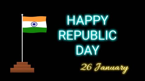 happy republic day with waving indian flag isolated on black background. republic day background in bright light animation.