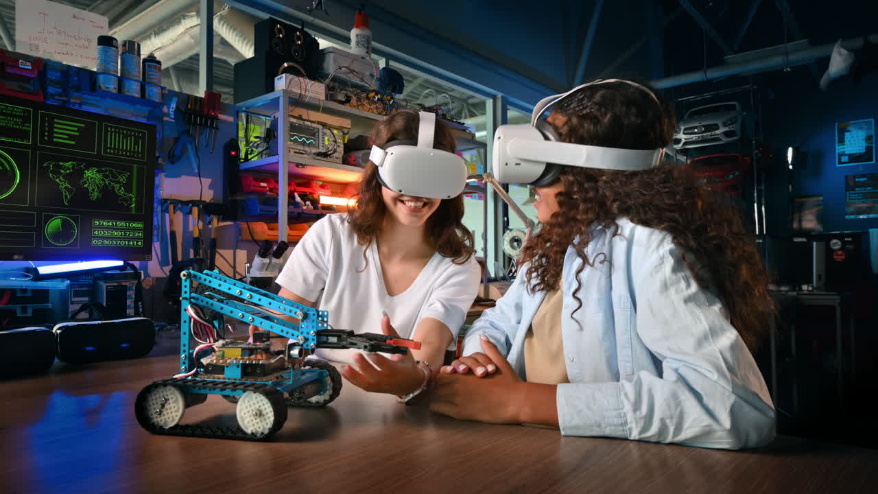 Kaksi nuorta naista VR-lasit päässä tekemässä robotiikkakokeiluja laboratoriossa. Robotti pöydällä