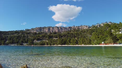 Una-Vista-Del-Agua-Cristalina,-Que-Refleja-La-Belleza-épica-De-La-Naturaleza,-El-Impresionante-Panorama-Incluye-Magníficas-Montañas-Y-Exuberante-Vegetación,-Todo-Ello-Bajo-Un-Radiante-Cielo-Azul