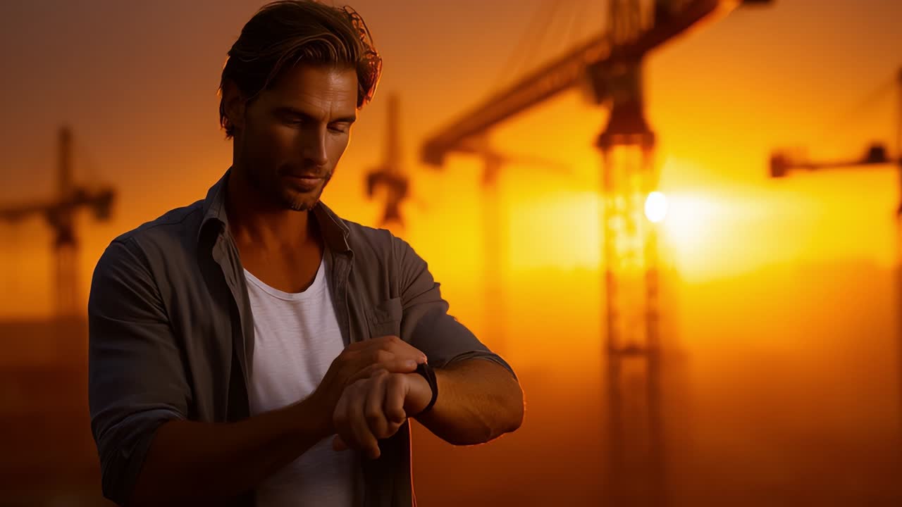 A Man Checking His Smartwatch Against a Stunning Sunset Backdrop with Construction Cranes Silhouetted, Capturing the Intersection of Modern Technology and Urban Development