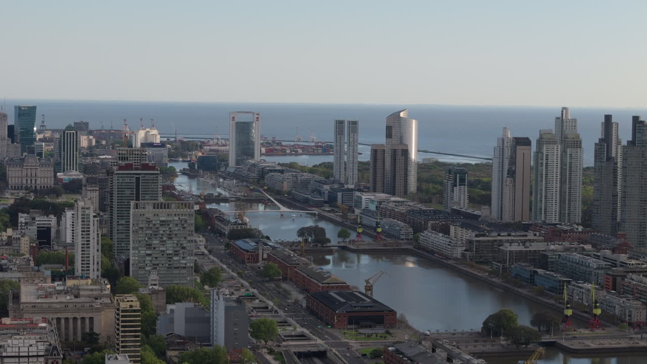 Drone capturing the stunning skyline of puerto madero waterfront, modern barrio of Buenos Aires in the Central Business District. This aerial image showcases modern skyscrapers along the river