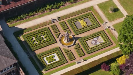 orbit aerial view from above the famous gardens of ashridge house, showcasing lush greenery, flowers, and historic elegance