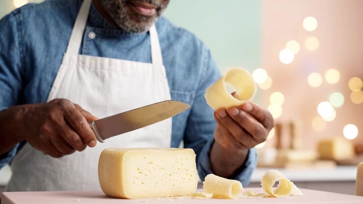Crafting Artisan Cheese: A Skilled Chef Slices Perfect Wheels of Cheese with Precision, Showcasing the Artistry of Food Preparation in a Cozy Kitchen Setting