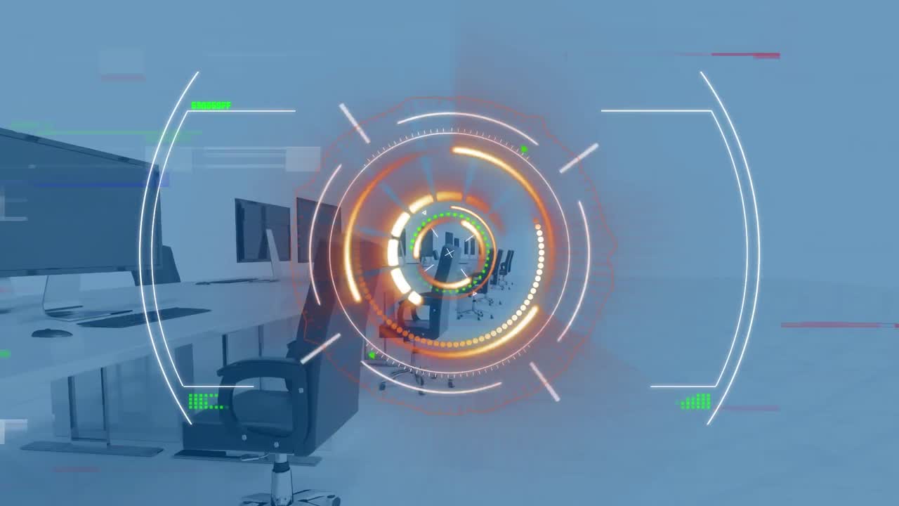 animación de escaneo de alcance y procesamiento de datos sobre una oficina vacía