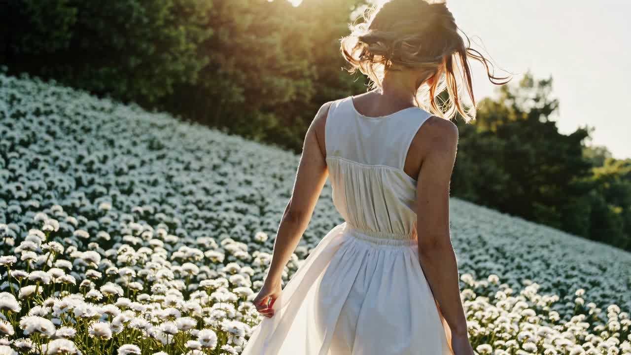 A serene video scene of a woman in a white dress walking through a flower field at sunset