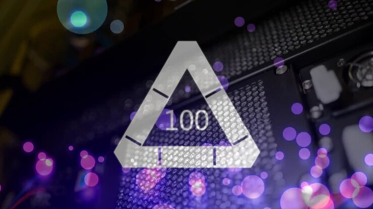 Animation of dots falling and triangle with loading percentage over servers