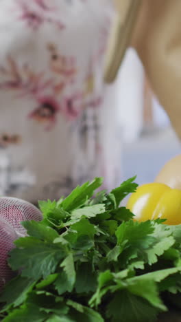 animation of plant icons over caucasian woman with vegetables